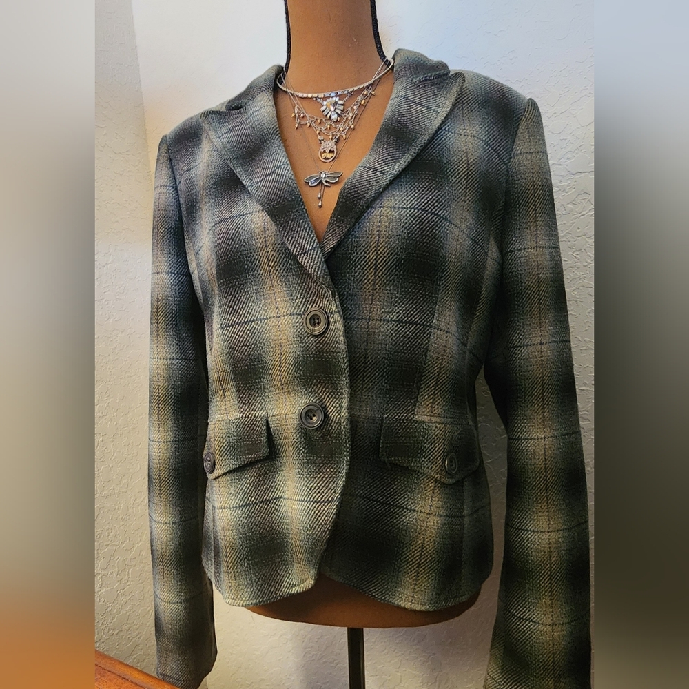 H&M Green Plaid Blazer Womens 14 Wool Blend